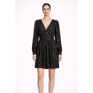MICHAEL Michael Kors‎ Black Sequin V Neck Long Sleeve Smocked Waist  Dress M